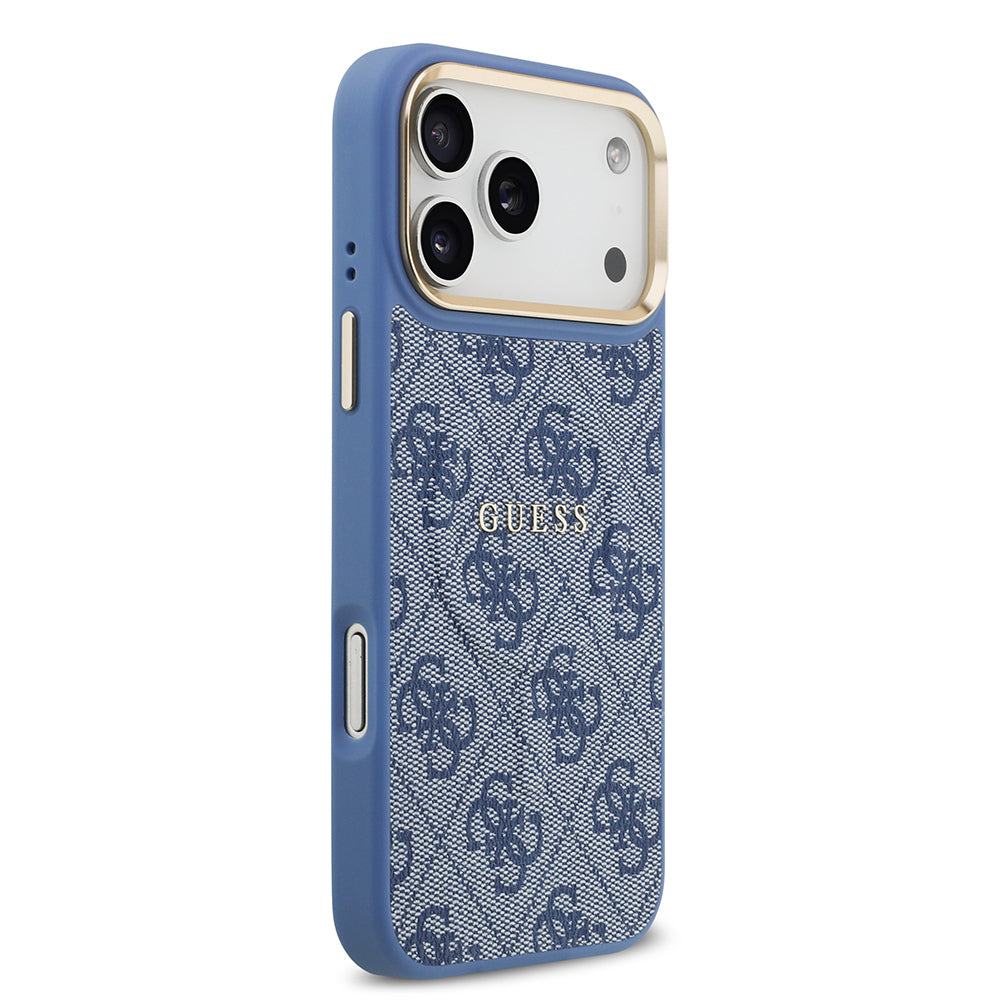 iPhone 17 Pro Max Kılıf Guess Orijinal Lisanslı M-safe Şarj Özellikli Gold Metal Kamera Çerçeveli PU Deri 4G Desenli Yazı Logolu Kılıf