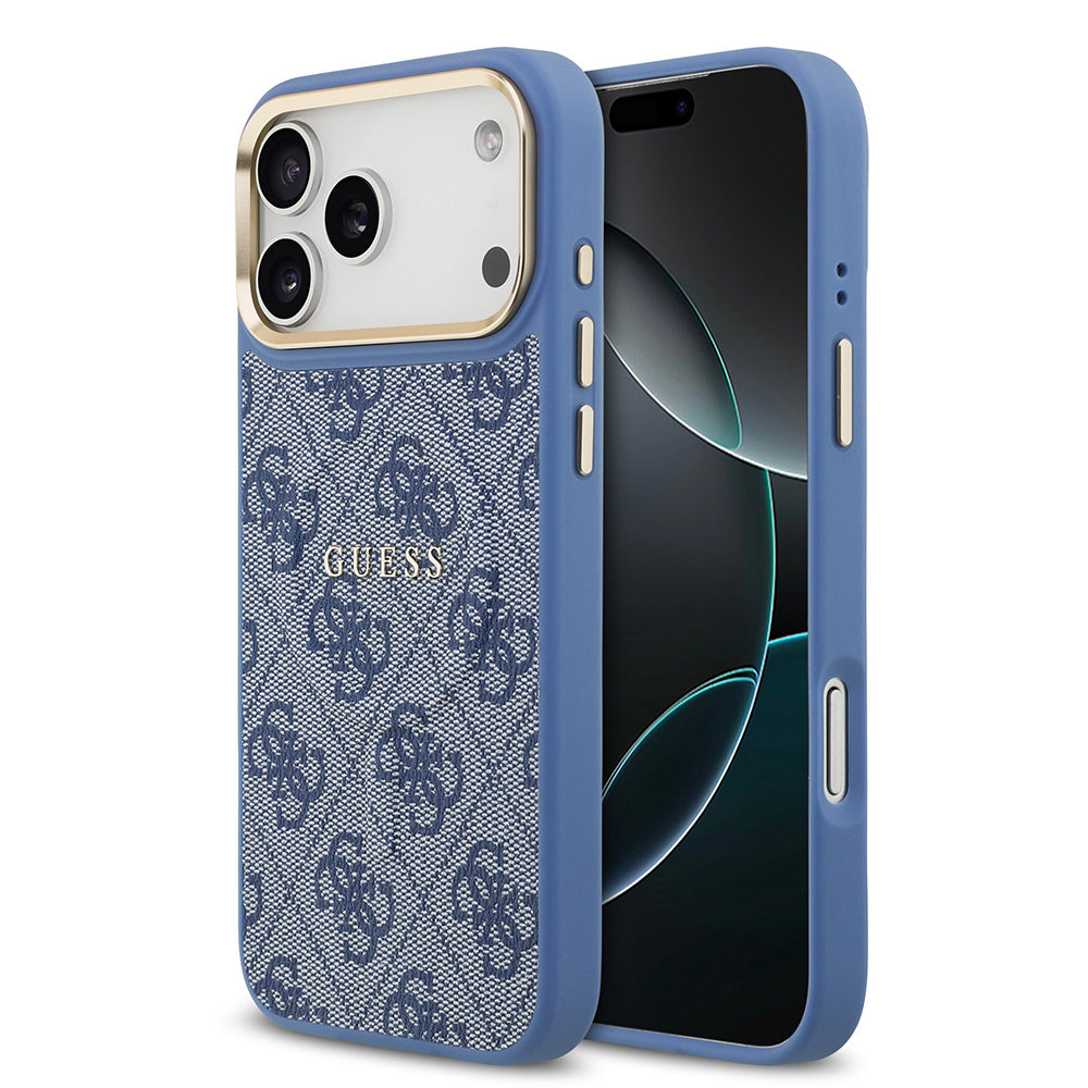 iPhone 17 Pro Max Kılıf Guess Orijinal Lisanslı M-safe Şarj Özellikli Gold Metal Kamera Çerçeveli PU Deri 4G Desenli Yazı Logolu Kılıf