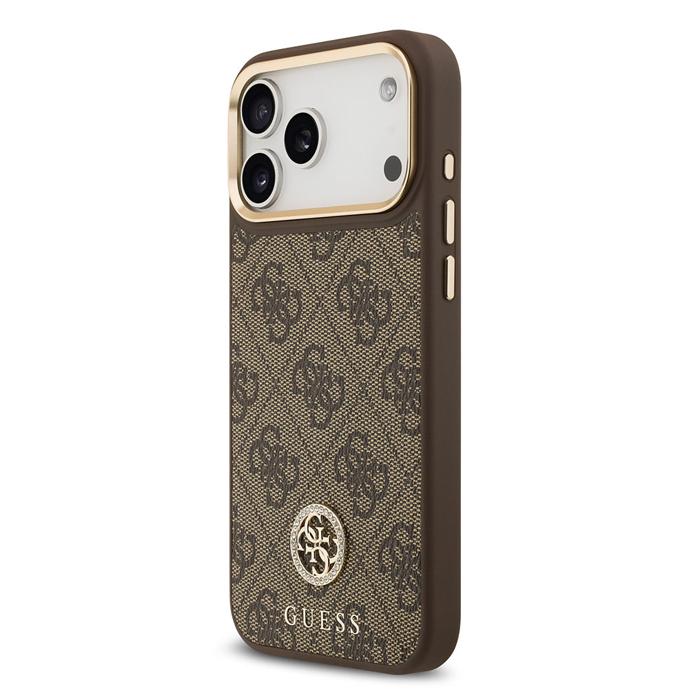 iPhone 17 Pro Max Kılıf Guess Orijinal Lisanslı M-safe Şarj Özellikli Gold Metal Kamera Çerçeveli Taşlı 4G Logolu Kılıf