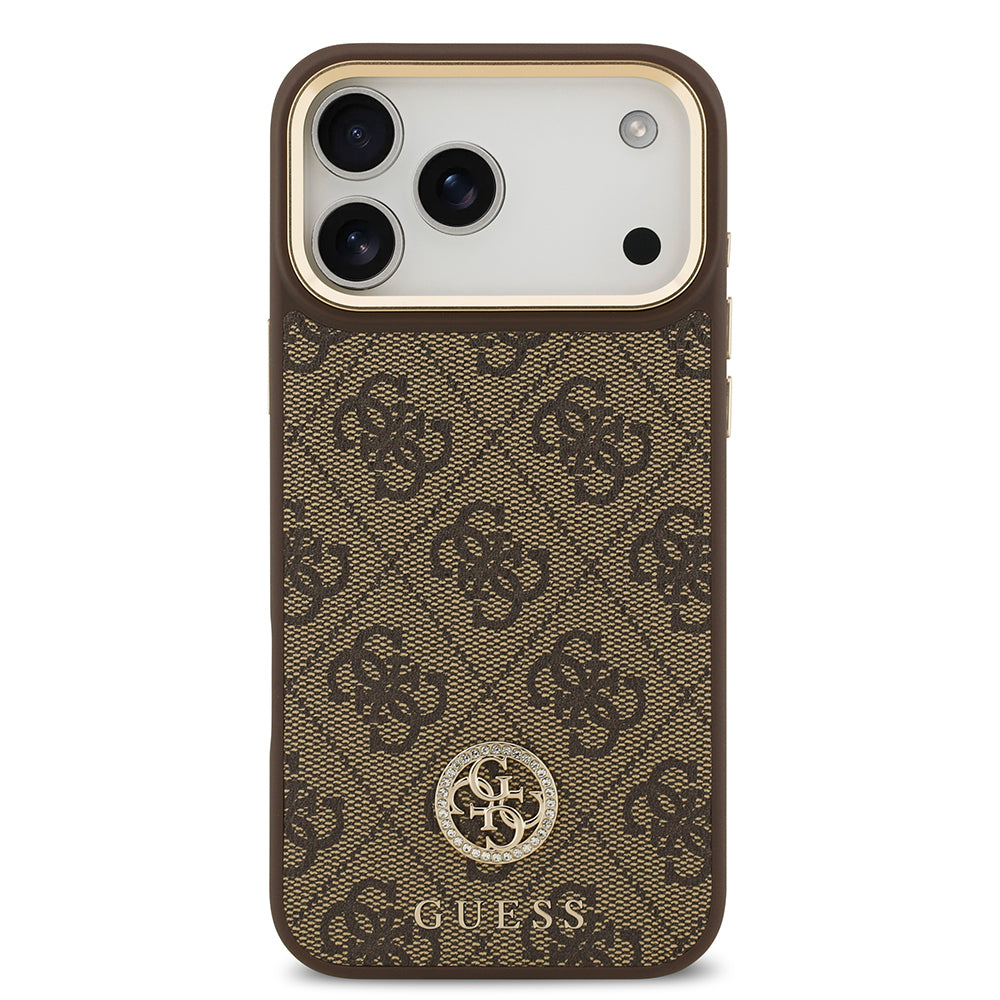 iPhone 17 Pro Max Kılıf Guess Orijinal Lisanslı M-safe Şarj Özellikli Gold Metal Kamera Çerçeveli Taşlı 4G Logolu Kılıf
