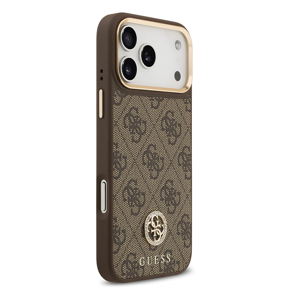 iPhone 17 Pro Max Kılıf Guess Orijinal Lisanslı M-safe Şarj Özellikli Gold Metal Kamera Çerçeveli Taşlı 4G Logolu Kılıf