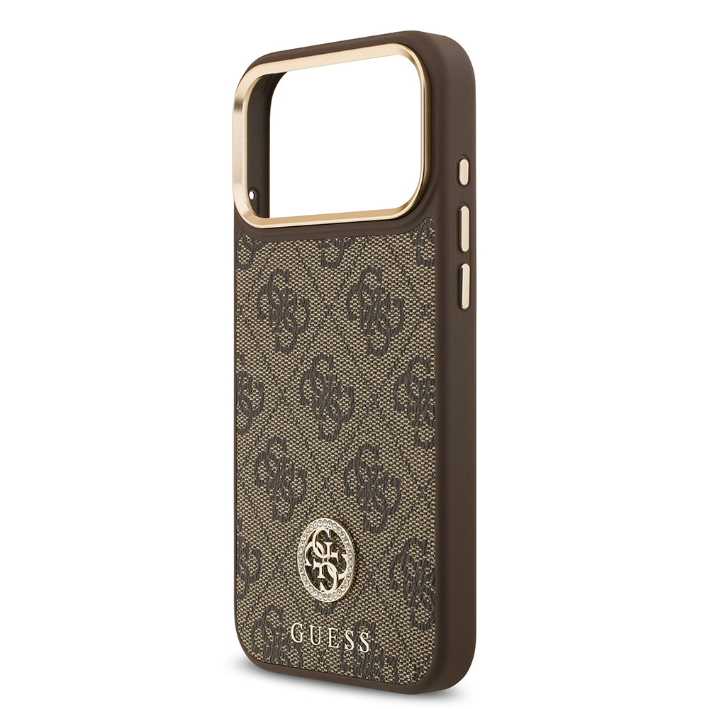 iPhone 17 Pro Max Kılıf Guess Orijinal Lisanslı M-safe Şarj Özellikli Gold Metal Kamera Çerçeveli Taşlı 4G Logolu Kılıf