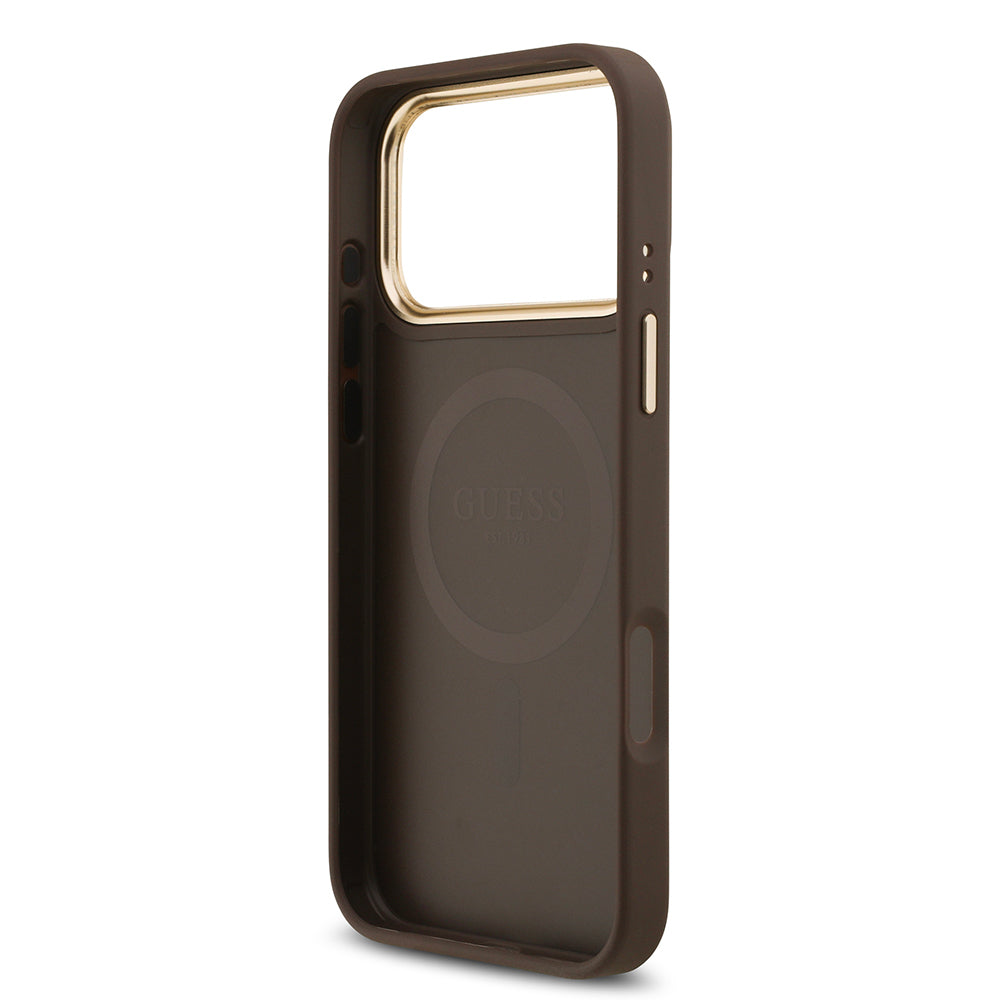 iPhone 17 Pro Max Kılıf Guess Orijinal Lisanslı M-safe Şarj Özellikli Gold Metal Kamera Çerçeveli Taşlı 4G Logolu Kılıf