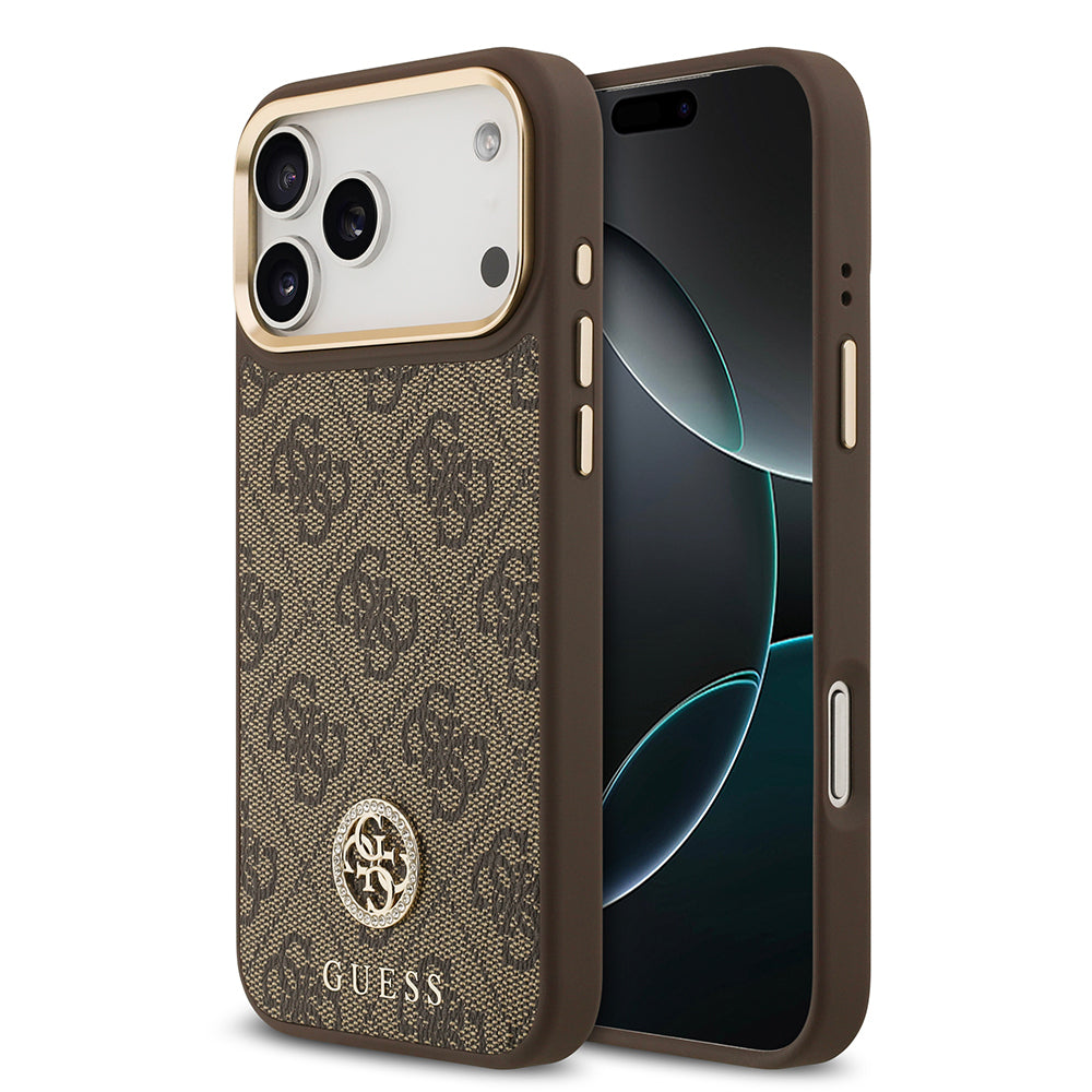 iPhone 17 Pro Max Kılıf Guess Orijinal Lisanslı M-safe Şarj Özellikli Gold Metal Kamera Çerçeveli Taşlı 4G Logolu Kılıf