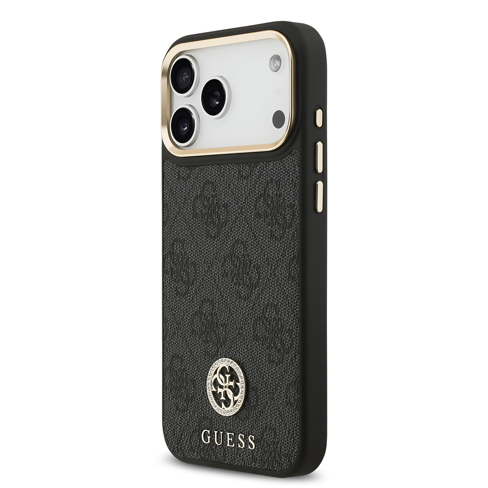 iPhone 17 Pro Max Kılıf Guess Orijinal Lisanslı M-safe Şarj Özellikli Gold Metal Kamera Çerçeveli Taşlı 4G Logolu Kılıf