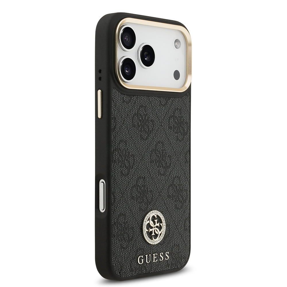 iPhone 17 Pro Max Kılıf Guess Orijinal Lisanslı M-safe Şarj Özellikli Gold Metal Kamera Çerçeveli Taşlı 4G Logolu Kılıf