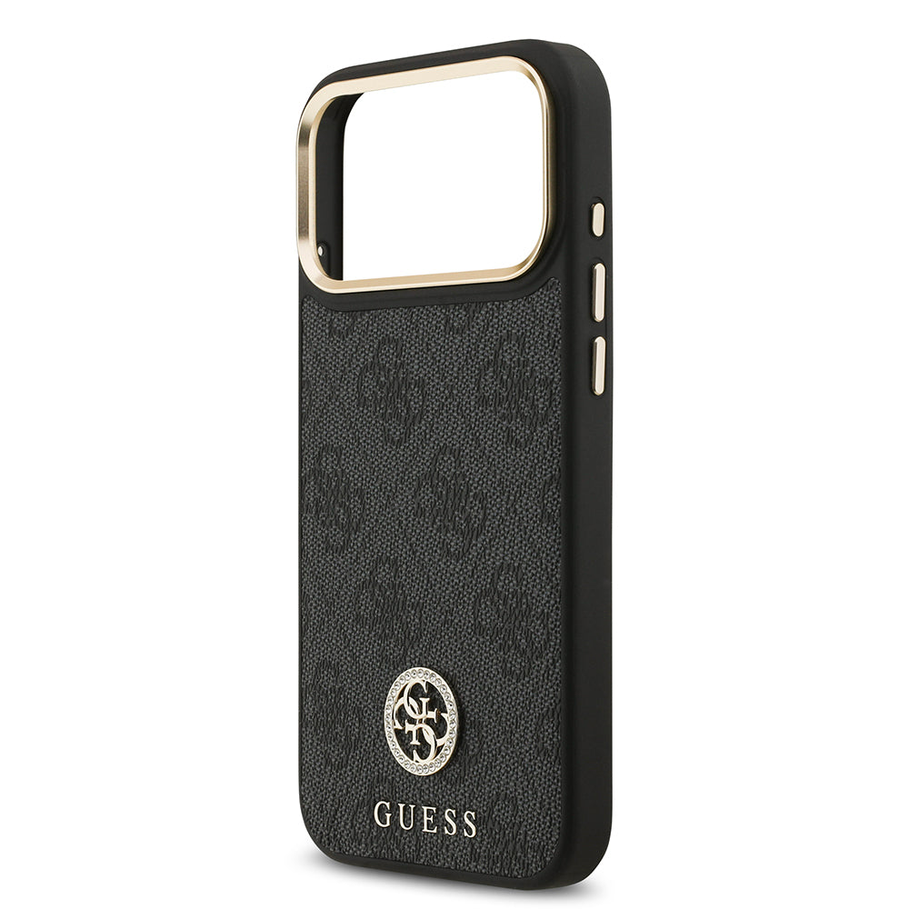 iPhone 17 Pro Max Kılıf Guess Orijinal Lisanslı M-safe Şarj Özellikli Gold Metal Kamera Çerçeveli Taşlı 4G Logolu Kılıf