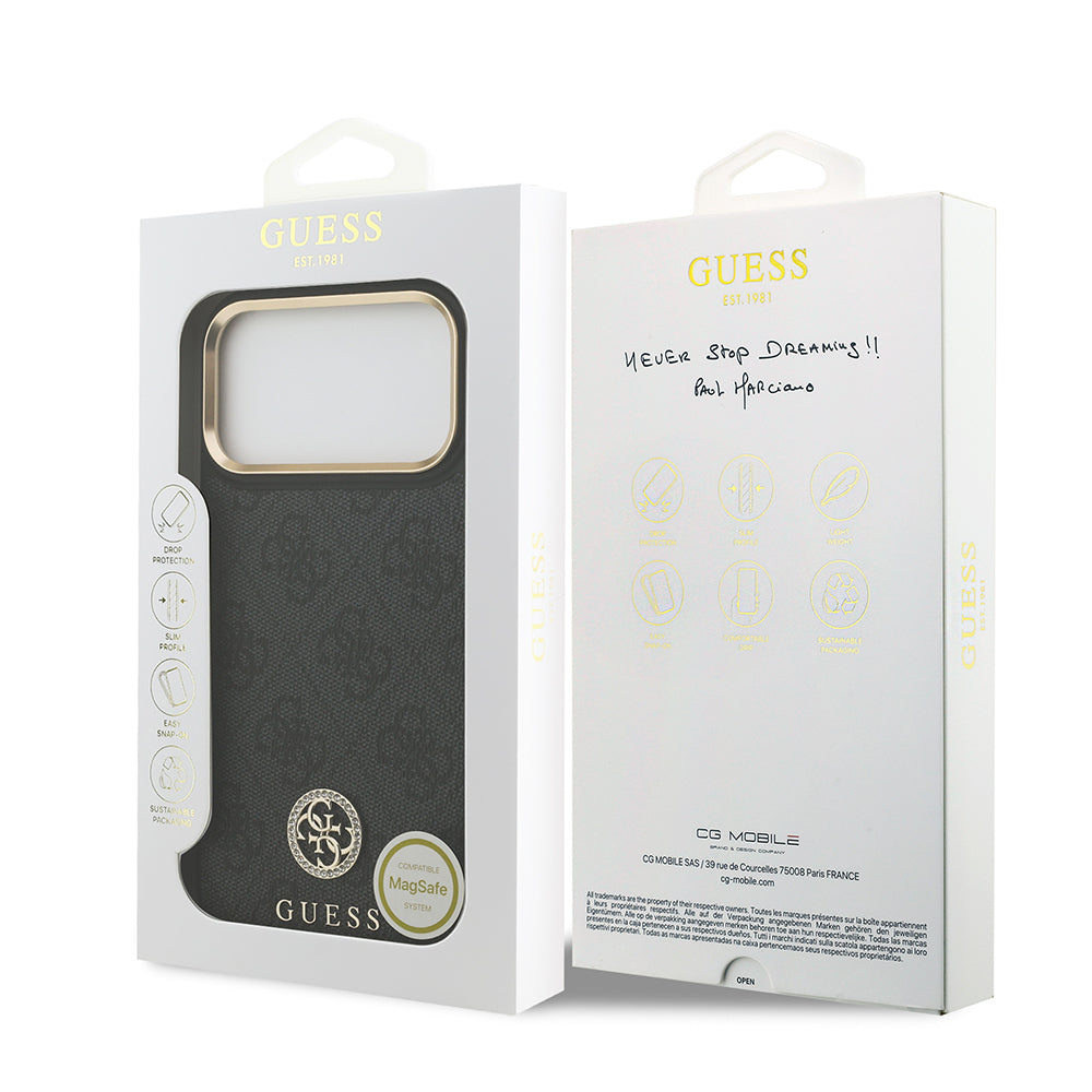 iPhone 17 Pro Max Kılıf Guess Orijinal Lisanslı M-safe Şarj Özellikli Gold Metal Kamera Çerçeveli Taşlı 4G Logolu Kılıf