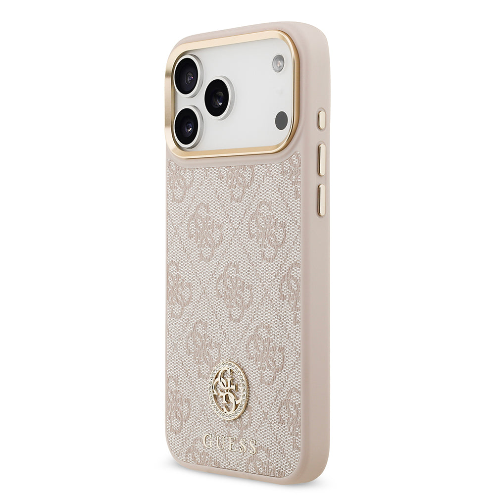 iPhone 17 Pro Max Kılıf Guess Orijinal Lisanslı M-safe Şarj Özellikli Gold Metal Kamera Çerçeveli Taşlı 4G Logolu Kılıf