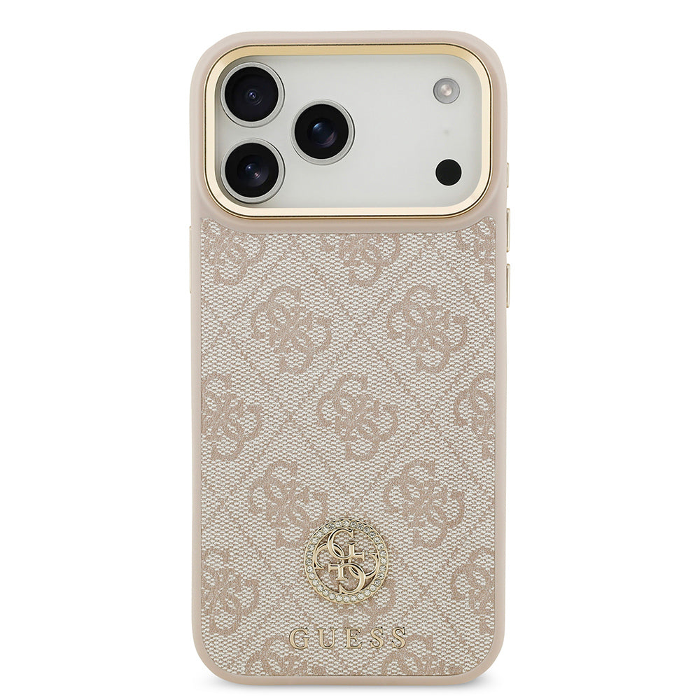 iPhone 17 Pro Max Kılıf Guess Orijinal Lisanslı M-safe Şarj Özellikli Gold Metal Kamera Çerçeveli Taşlı 4G Logolu Kılıf