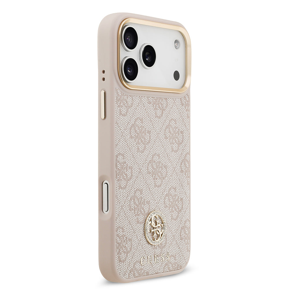iPhone 17 Pro Max Kılıf Guess Orijinal Lisanslı M-safe Şarj Özellikli Gold Metal Kamera Çerçeveli Taşlı 4G Logolu Kılıf