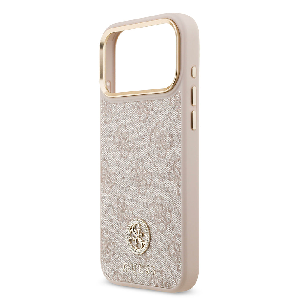 iPhone 17 Pro Max Kılıf Guess Orijinal Lisanslı M-safe Şarj Özellikli Gold Metal Kamera Çerçeveli Taşlı 4G Logolu Kılıf