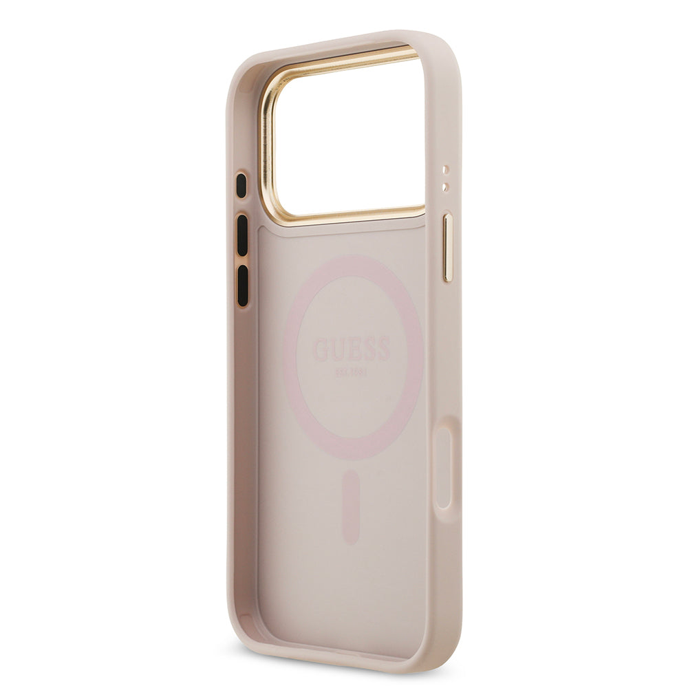 iPhone 17 Pro Max Kılıf Guess Orijinal Lisanslı M-safe Şarj Özellikli Gold Metal Kamera Çerçeveli Taşlı 4G Logolu Kılıf