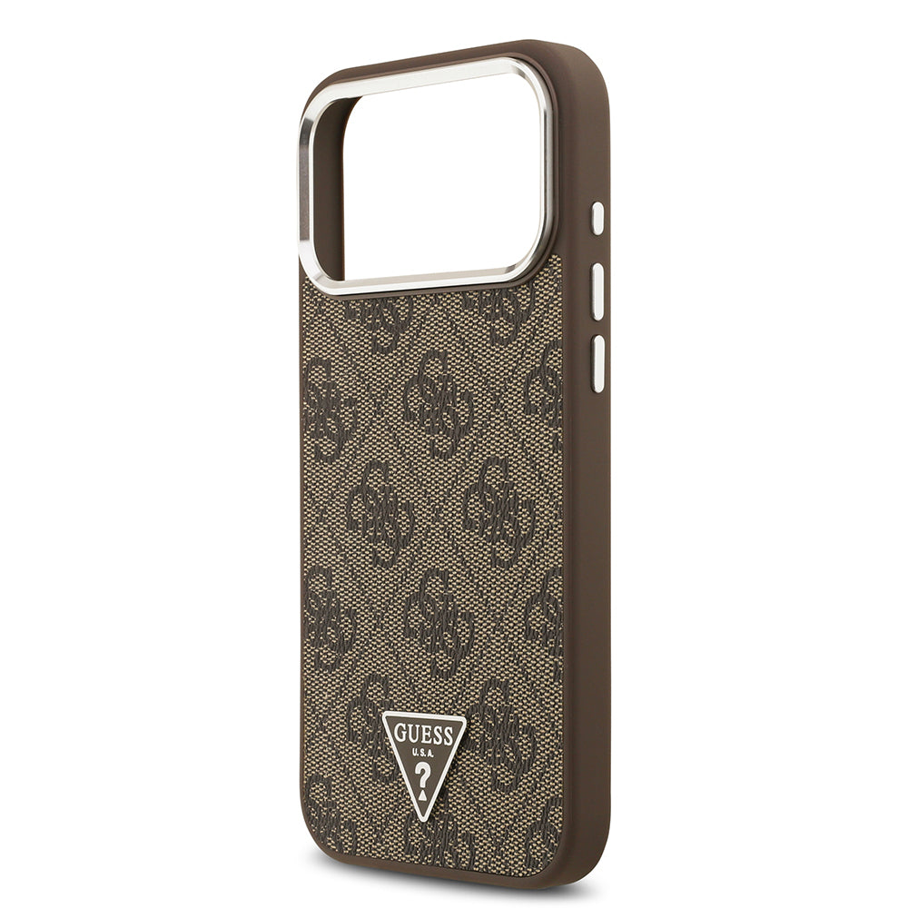 iPhone 17 Pro Max Kılıf Guess Orijinal Lisanslı M-safe Şarj Özellikli Gold Metal Kamera Çerçeveli Taşlı Üçgen Logo 4G Desenli Kılıf