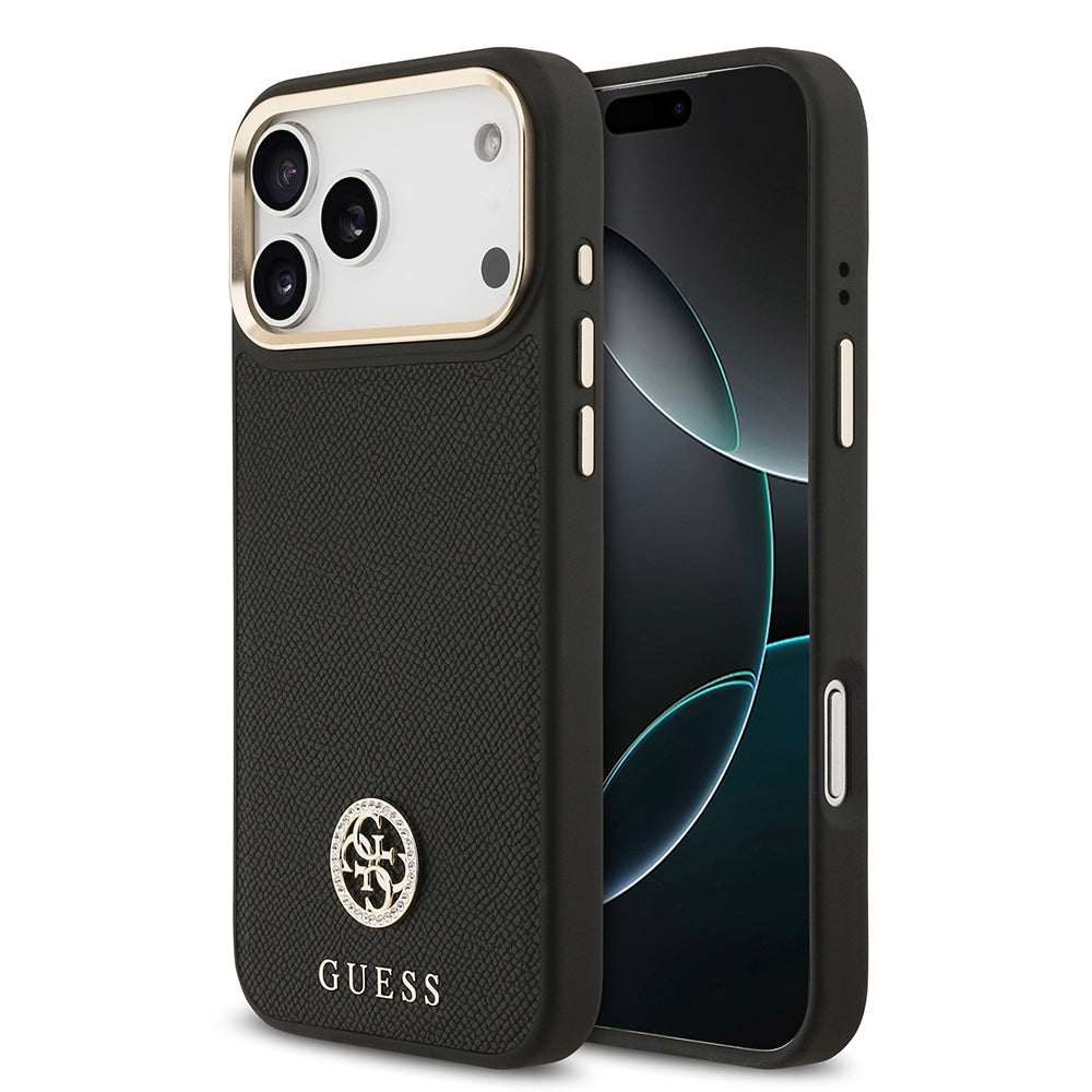 iPhone 17 Pro Max Kılıf Guess Orijinal Lisanslı M-safe Şarj Özellikli Grained Yazı ve Taşlı 4G Logolu Kılıf