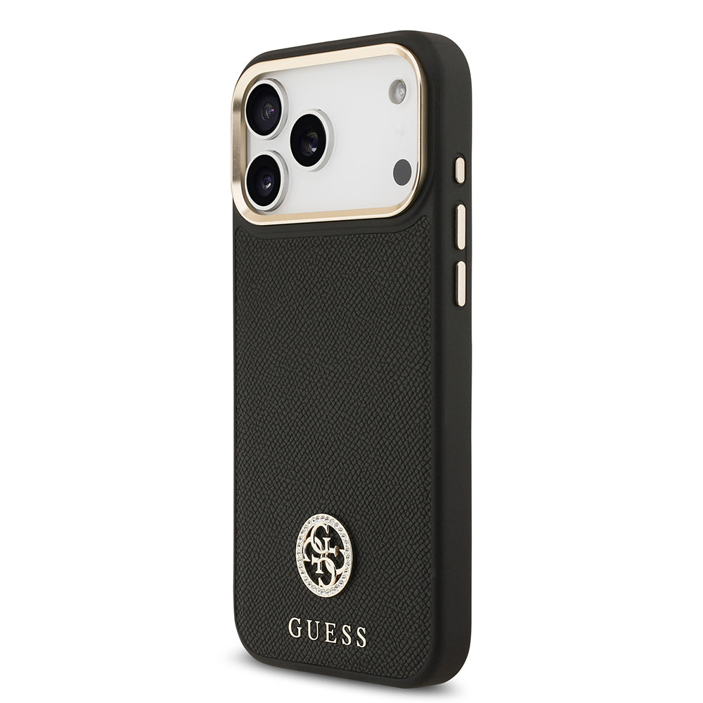 iPhone 17 Pro Max Kılıf Guess Orijinal Lisanslı M-safe Şarj Özellikli Grained Yazı ve Taşlı 4G Logolu Kılıf