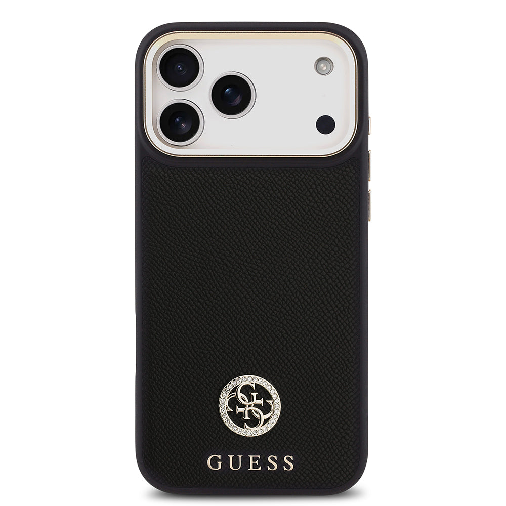 iPhone 17 Pro Max Kılıf Guess Orijinal Lisanslı M-safe Şarj Özellikli Grained Yazı ve Taşlı 4G Logolu Kılıf