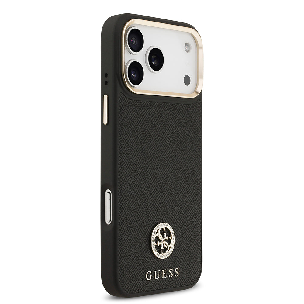 iPhone 17 Pro Max Kılıf Guess Orijinal Lisanslı M-safe Şarj Özellikli Grained Yazı ve Taşlı 4G Logolu Kılıf