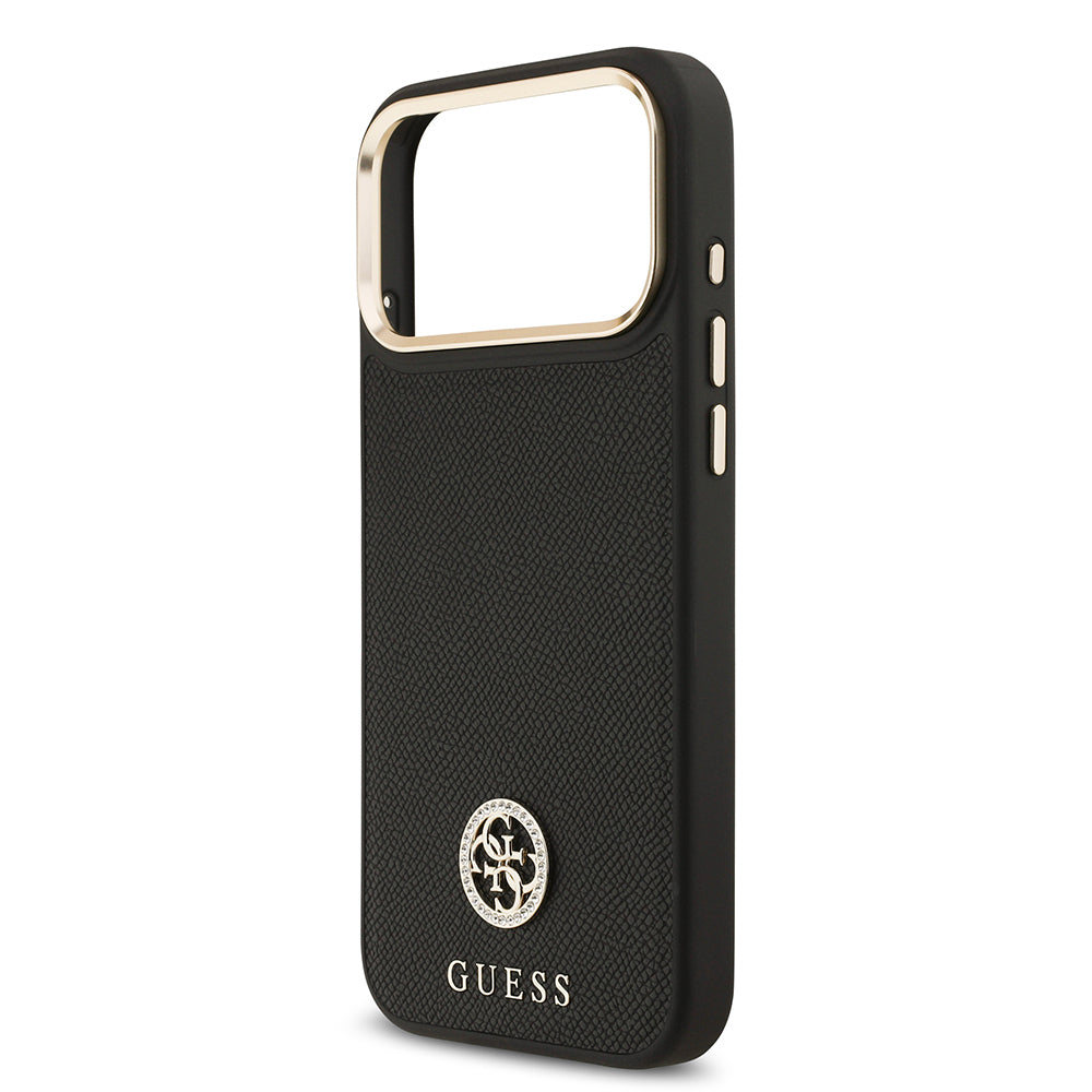 iPhone 17 Pro Max Kılıf Guess Orijinal Lisanslı M-safe Şarj Özellikli Grained Yazı ve Taşlı 4G Logolu Kılıf