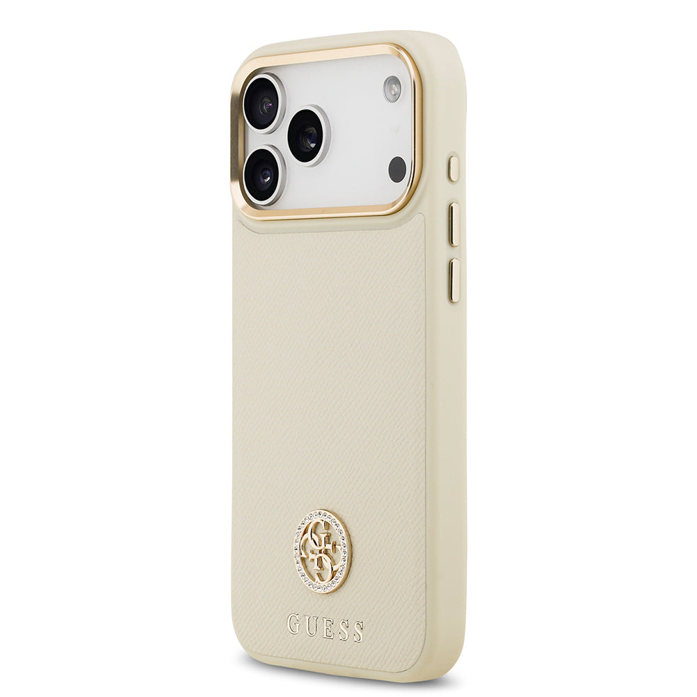 iPhone 17 Pro Max Kılıf Guess Orijinal Lisanslı M-safe Şarj Özellikli Grained Yazı ve Taşlı 4G Logolu Kılıf