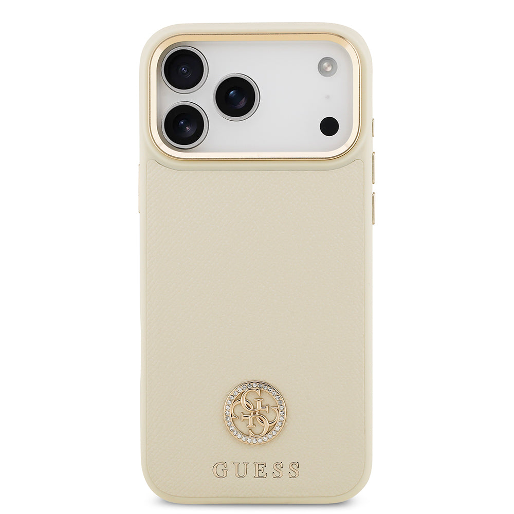 iPhone 17 Pro Max Kılıf Guess Orijinal Lisanslı M-safe Şarj Özellikli Grained Yazı ve Taşlı 4G Logolu Kılıf