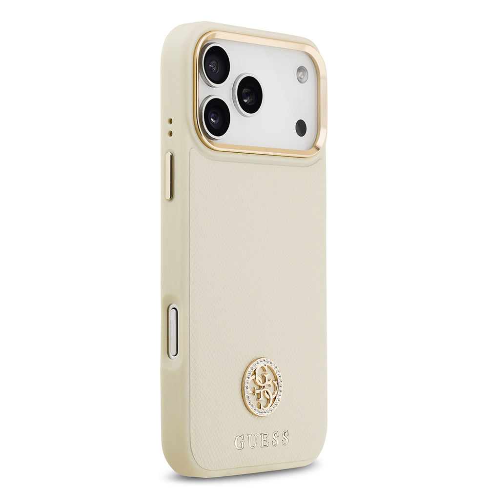 iPhone 17 Pro Max Kılıf Guess Orijinal Lisanslı M-safe Şarj Özellikli Grained Yazı ve Taşlı 4G Logolu Kılıf