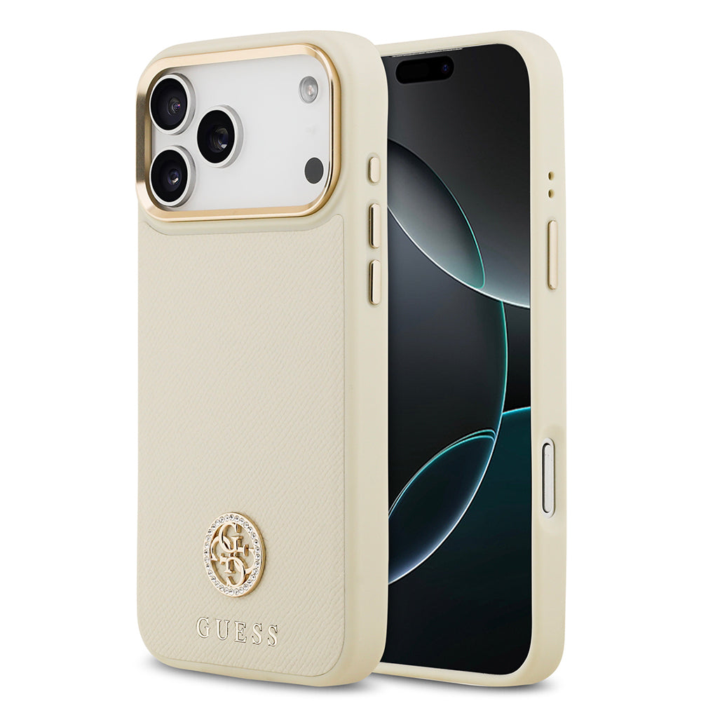 iPhone 17 Pro Max Kılıf Guess Orijinal Lisanslı M-safe Şarj Özellikli Grained Yazı ve Taşlı 4G Logolu Kılıf