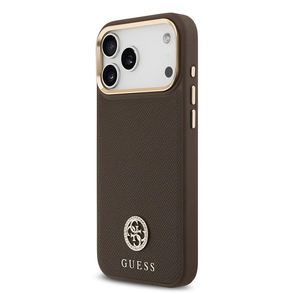 iPhone 17 Pro Max Kılıf Guess Orijinal Lisanslı M-safe Şarj Özellikli Grained Yazı ve Taşlı 4G Logolu Kılıf