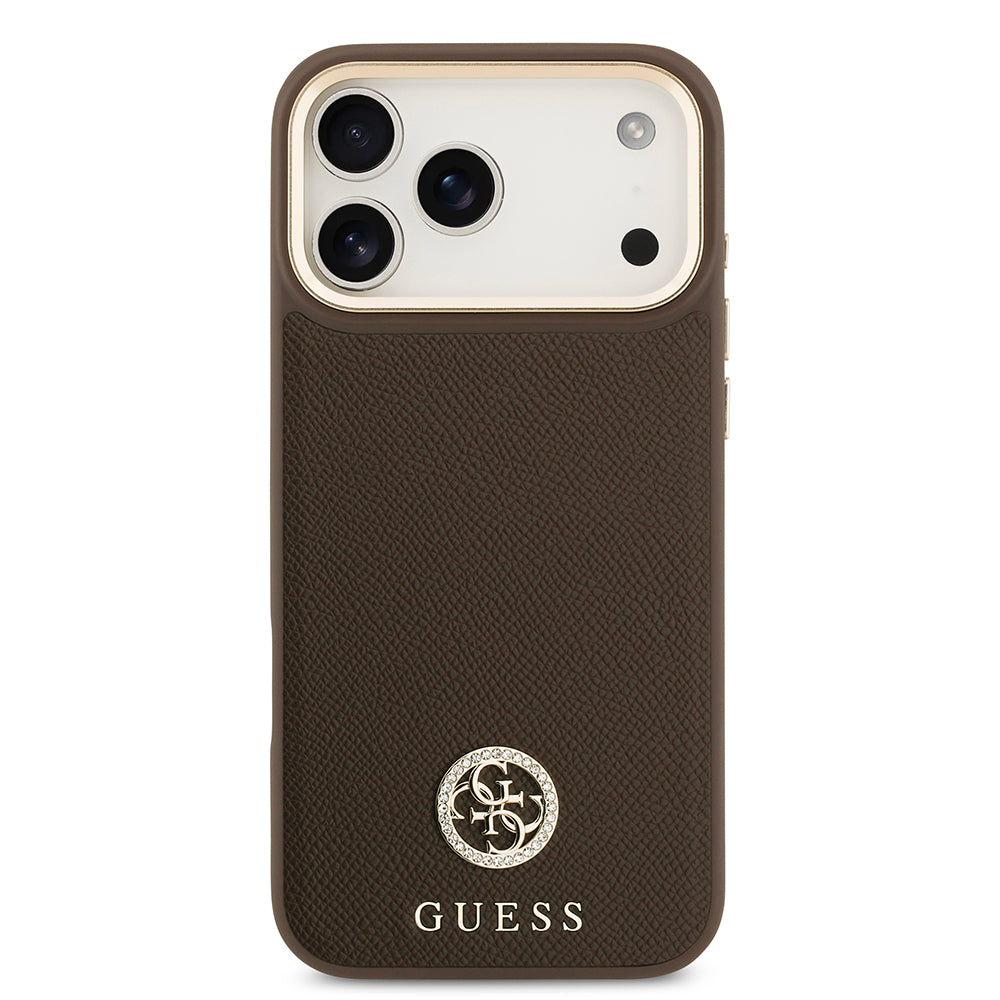 iPhone 17 Pro Max Kılıf Guess Orijinal Lisanslı M-safe Şarj Özellikli Grained Yazı ve Taşlı 4G Logolu Kılıf