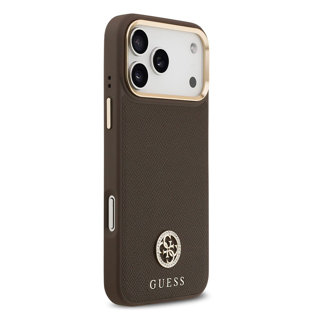 iPhone 17 Pro Max Kılıf Guess Orijinal Lisanslı M-safe Şarj Özellikli Grained Yazı ve Taşlı 4G Logolu Kılıf