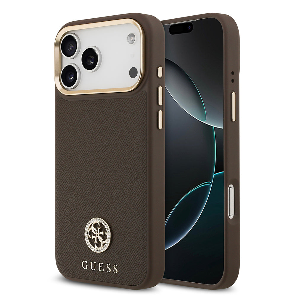 iPhone 17 Pro Max Kılıf Guess Orijinal Lisanslı M-safe Şarj Özellikli Grained Yazı ve Taşlı 4G Logolu Kılıf