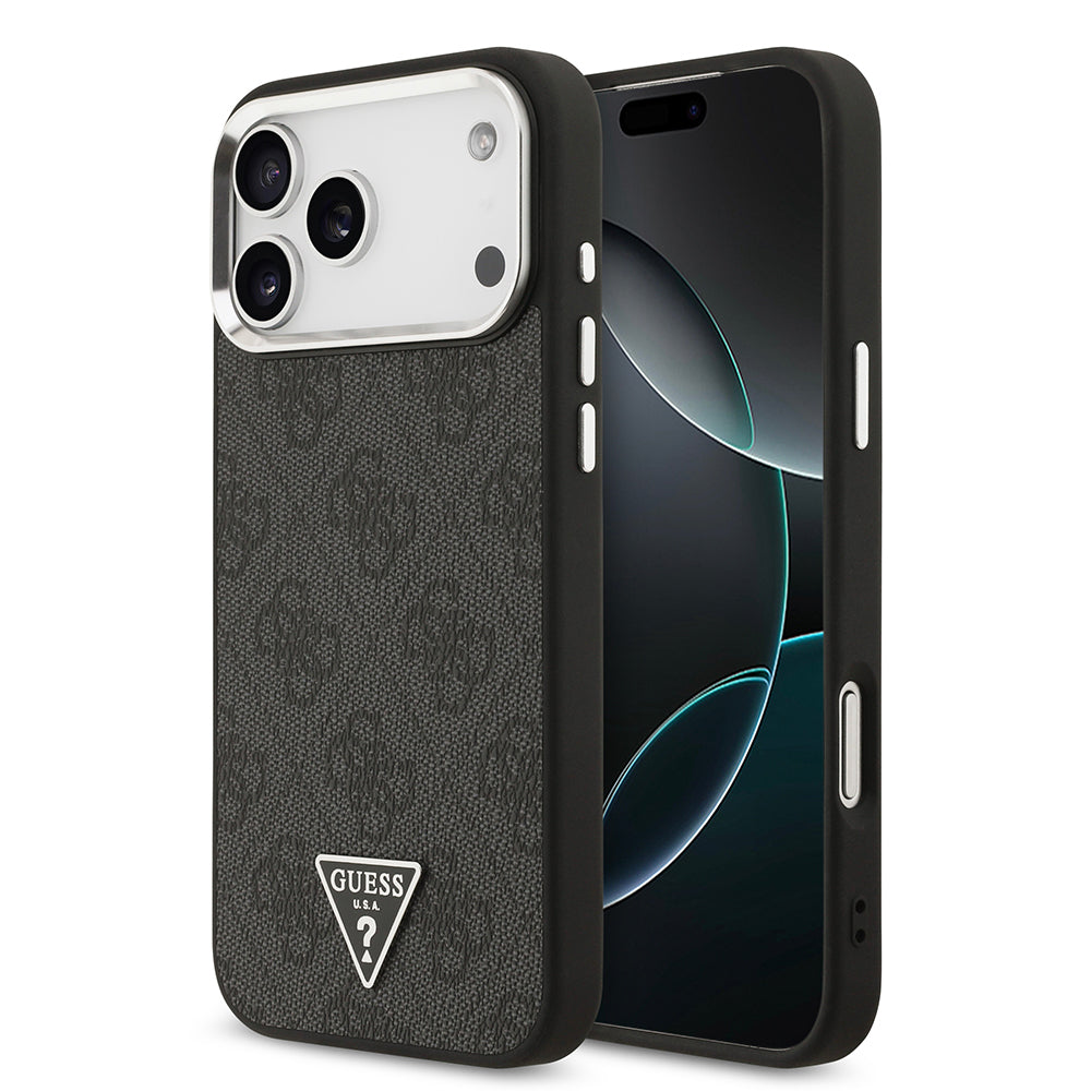 iPhone 17 Pro Max Kılıf Guess Orijinal Lisanslı M-safe Şarj Özellikli Gümüş Metal Kamera Çerçeveli Üçgen Logo 4G Desenli Kılıf