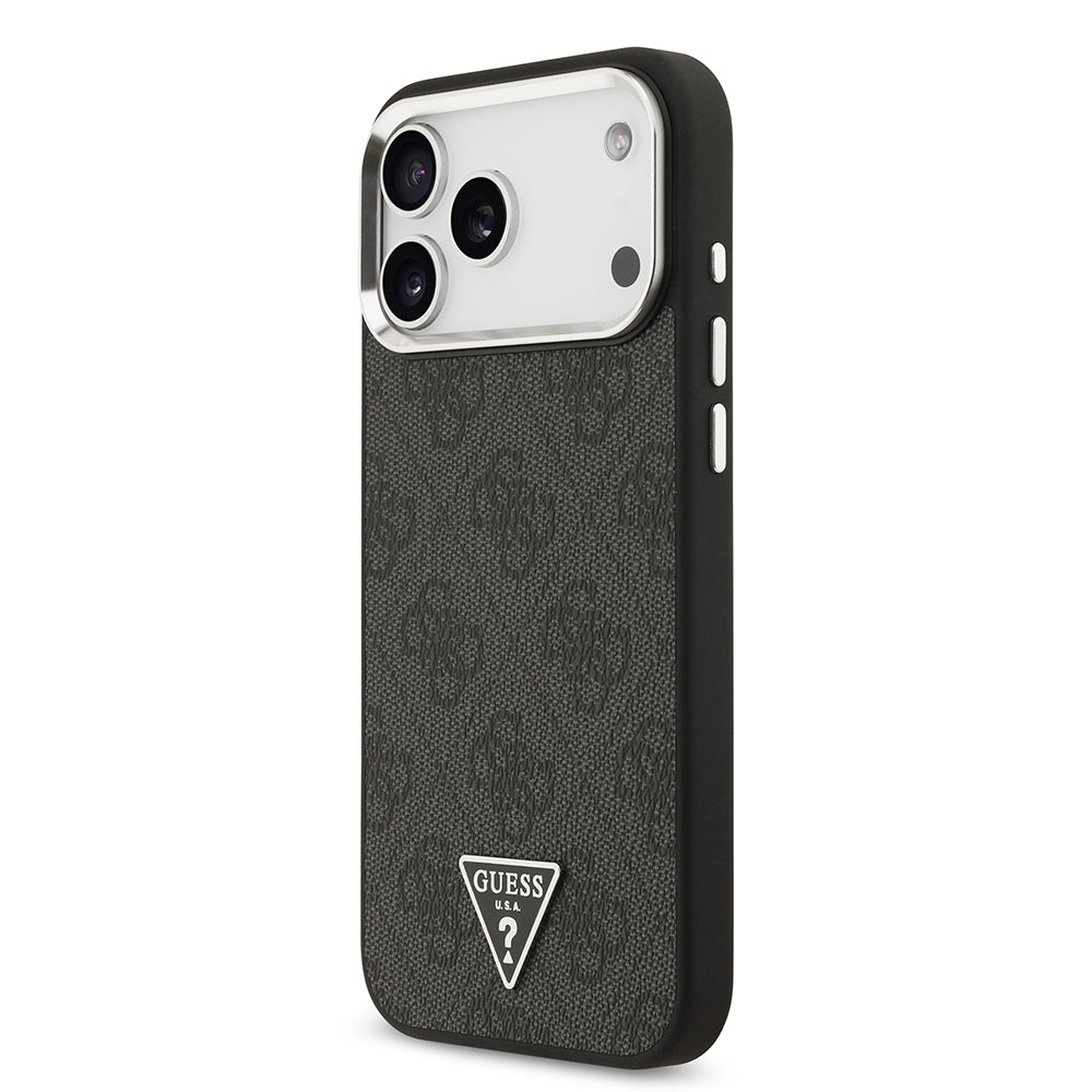 iPhone 17 Pro Max Kılıf Guess Orijinal Lisanslı M-safe Şarj Özellikli Gümüş Metal Kamera Çerçeveli Üçgen Logo 4G Desenli Kılıf