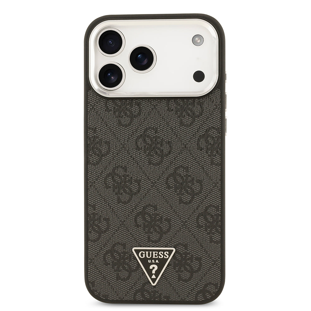 iPhone 17 Pro Max Kılıf Guess Orijinal Lisanslı M-safe Şarj Özellikli Gümüş Metal Kamera Çerçeveli Üçgen Logo 4G Desenli Kılıf