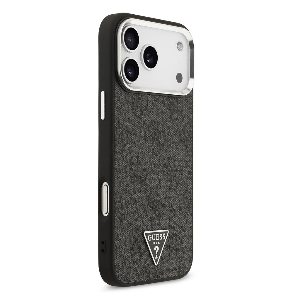 iPhone 17 Pro Max Kılıf Guess Orijinal Lisanslı M-safe Şarj Özellikli Gümüş Metal Kamera Çerçeveli Üçgen Logo 4G Desenli Kılıf
