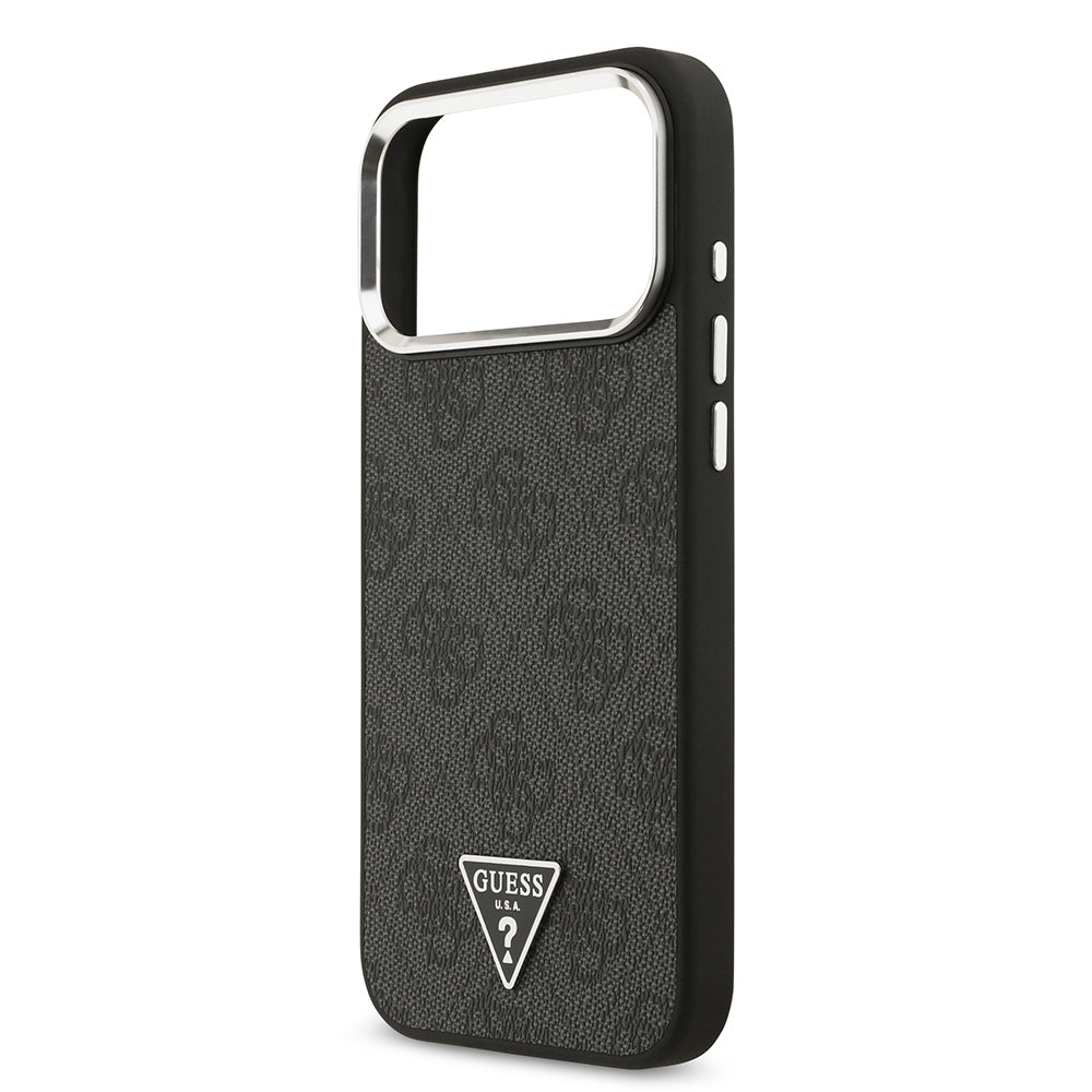 iPhone 17 Pro Max Kılıf Guess Orijinal Lisanslı M-safe Şarj Özellikli Gümüş Metal Kamera Çerçeveli Üçgen Logo 4G Desenli Kılıf