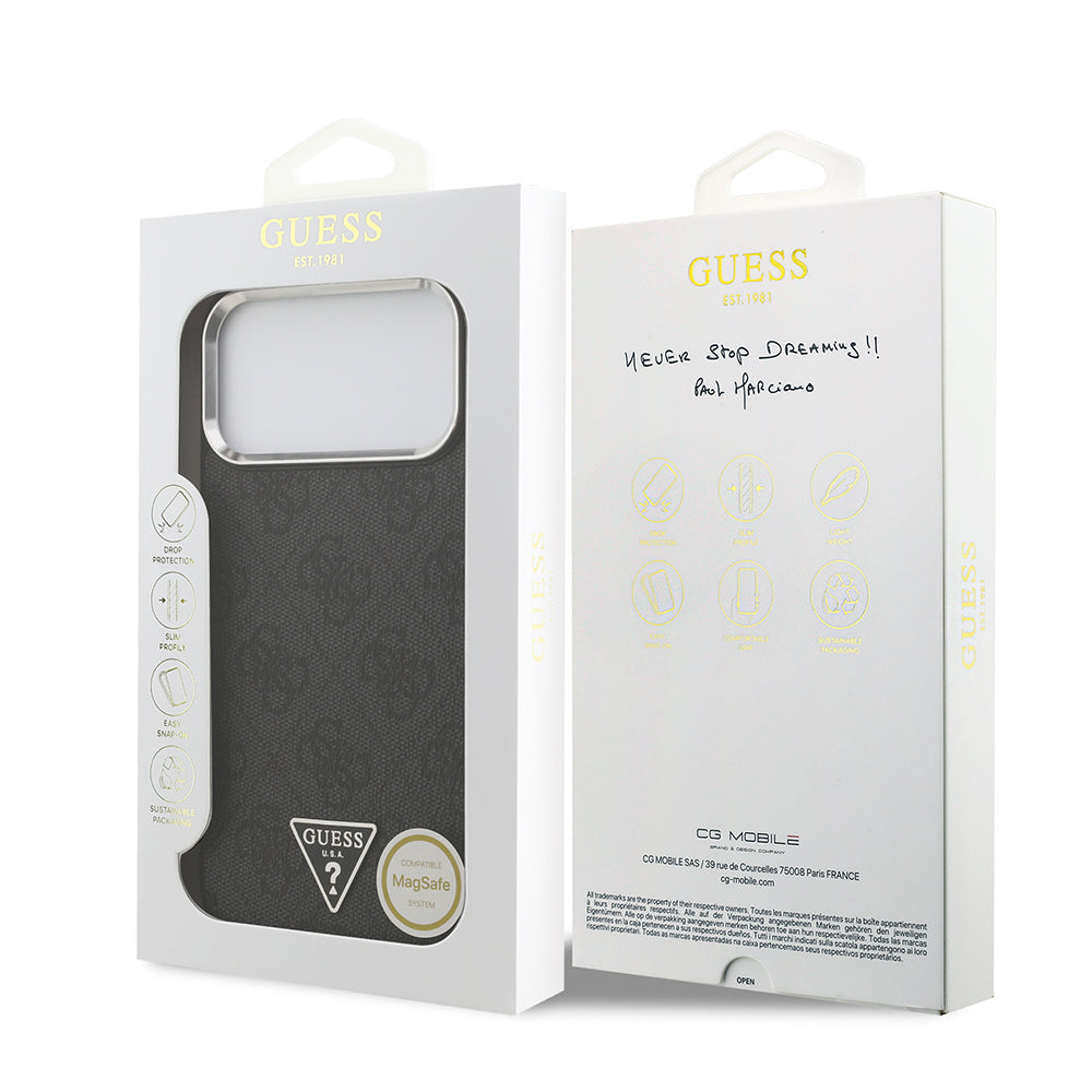 iPhone 17 Pro Max Kılıf Guess Orijinal Lisanslı M-safe Şarj Özellikli Gümüş Metal Kamera Çerçeveli Üçgen Logo 4G Desenli Kılıf