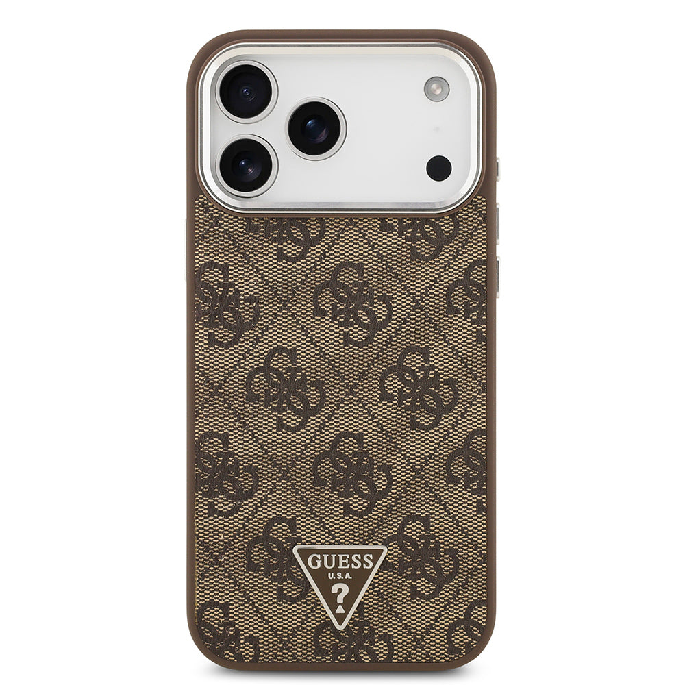 iPhone 17 Pro Max Kılıf Guess Orijinal Lisanslı M-safe Şarj Özellikli Gümüş Metal Kamera Çerçeveli Üçgen Logo 4G Desenli Kılıf