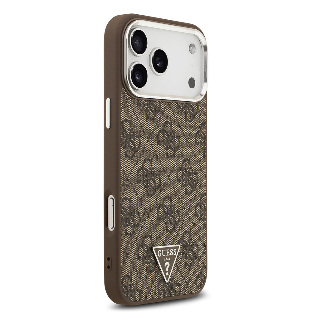 iPhone 17 Pro Max Kılıf Guess Orijinal Lisanslı M-safe Şarj Özellikli Gümüş Metal Kamera Çerçeveli Üçgen Logo 4G Desenli Kılıf