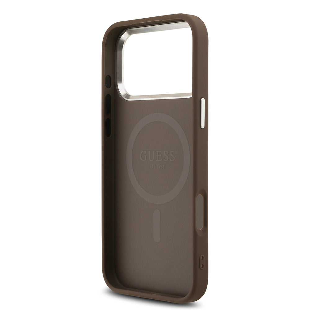 iPhone 17 Pro Max Kılıf Guess Orijinal Lisanslı M-safe Şarj Özellikli Gümüş Metal Kamera Çerçeveli Üçgen Logo 4G Desenli Kılıf