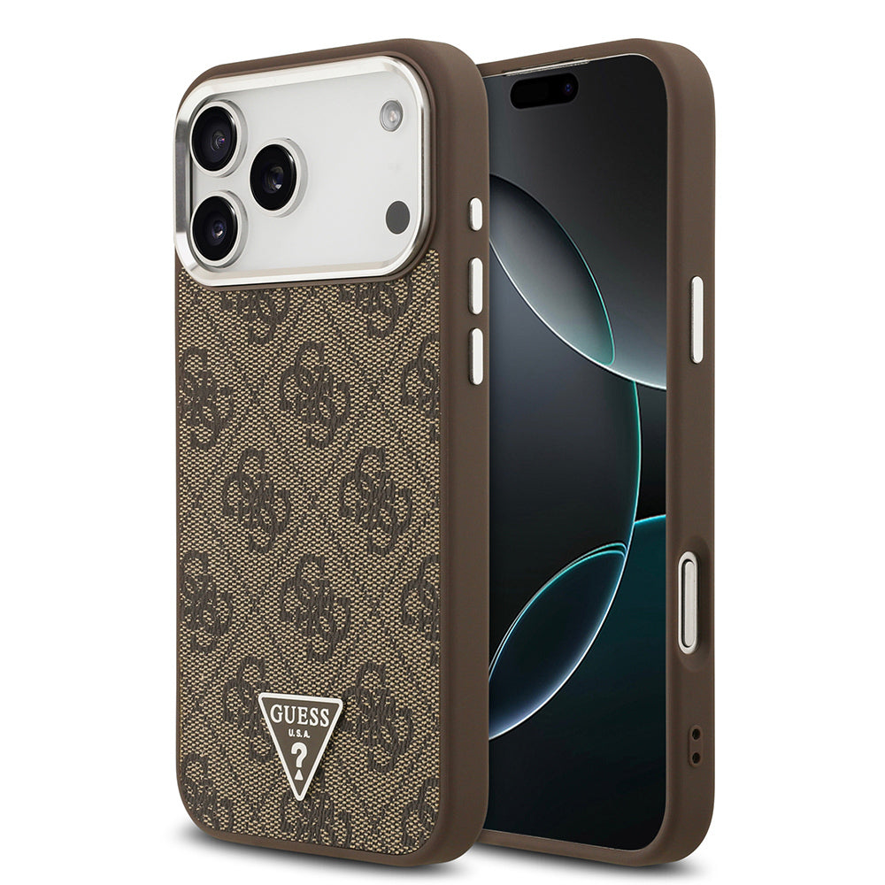 iPhone 17 Pro Max Kılıf Guess Orijinal Lisanslı M-safe Şarj Özellikli Gümüş Metal Kamera Çerçeveli Üçgen Logo 4G Desenli Kılıf