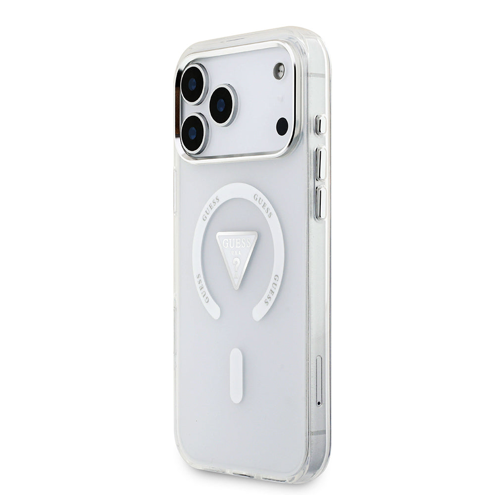 iPhone 17 Pro Max Kılıf Guess Orijinal Lisanslı M-safe Şarj Özellikli IML Baskılı Üçgen Logolu Metal Kamera Çerçeveli Kılıf