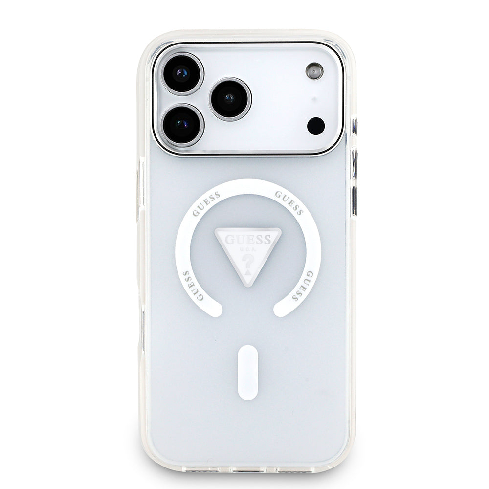 iPhone 17 Pro Max Kılıf Guess Orijinal Lisanslı M-safe Şarj Özellikli IML Baskılı Üçgen Logolu Metal Kamera Çerçeveli Kılıf