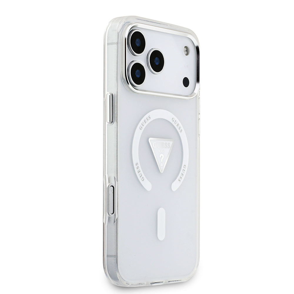 iPhone 17 Pro Max Kılıf Guess Orijinal Lisanslı M-safe Şarj Özellikli IML Baskılı Üçgen Logolu Metal Kamera Çerçeveli Kılıf