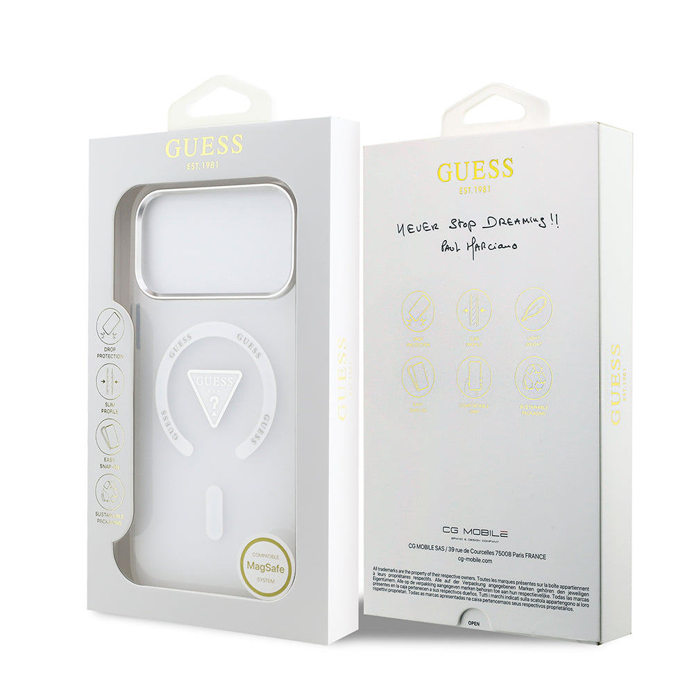iPhone 17 Pro Max Kılıf Guess Orijinal Lisanslı M-safe Şarj Özellikli IML Baskılı Üçgen Logolu Metal Kamera Çerçeveli Kılıf