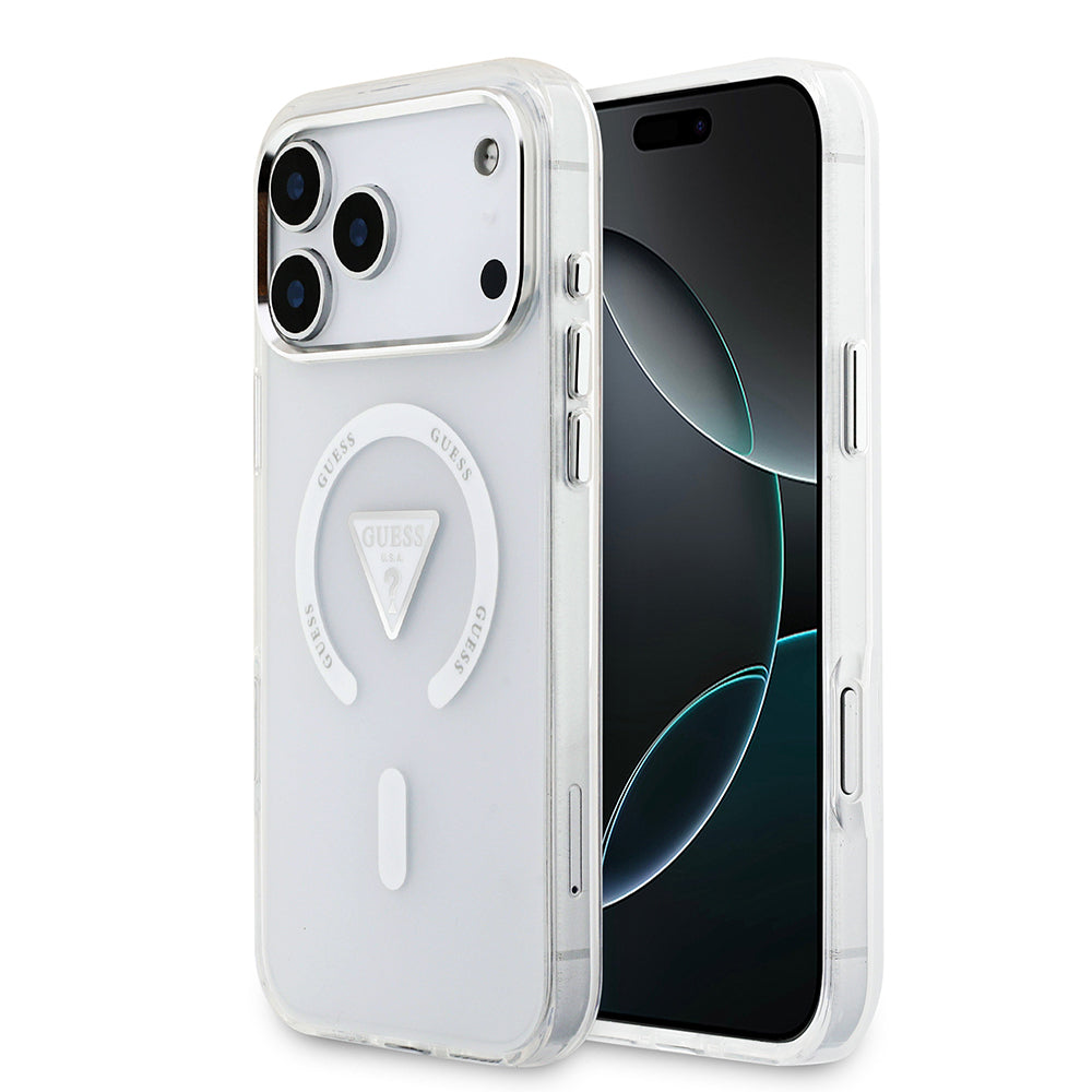 iPhone 17 Pro Max Kılıf Guess Orijinal Lisanslı M-safe Şarj Özellikli IML Baskılı Üçgen Logolu Metal Kamera Çerçeveli Kılıf