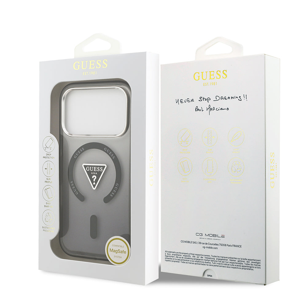 iPhone 17 Pro Max Kılıf Guess Orijinal Lisanslı M-safe Şarj Özellikli IML Baskılı Üçgen Logolu Metal Kamera Çerçeveli Kılıf