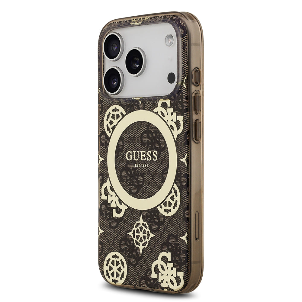 iPhone 17 Pro Max Kılıf Guess Orijinal Lisanslı M-safe Şarj Özellikli IML Peony ve 4G Desenli Klasik Logolu Kılıf