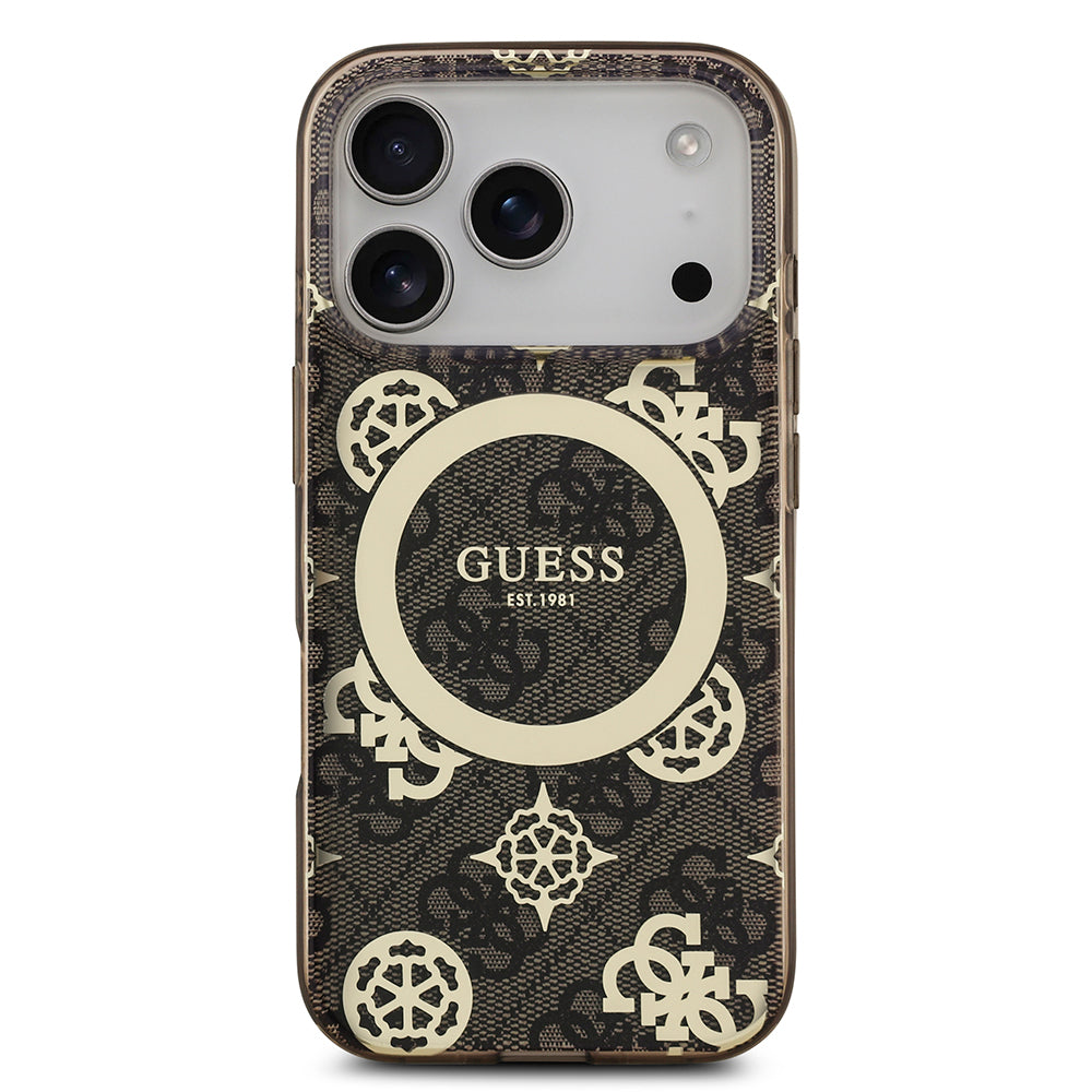 iPhone 17 Pro Max Kılıf Guess Orijinal Lisanslı M-safe Şarj Özellikli IML Peony ve 4G Desenli Klasik Logolu Kılıf