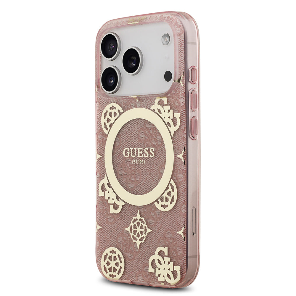 iPhone 17 Pro Max Kılıf Guess Orijinal Lisanslı M-safe Şarj Özellikli IML Peony ve 4G Desenli Klasik Logolu Kılıf